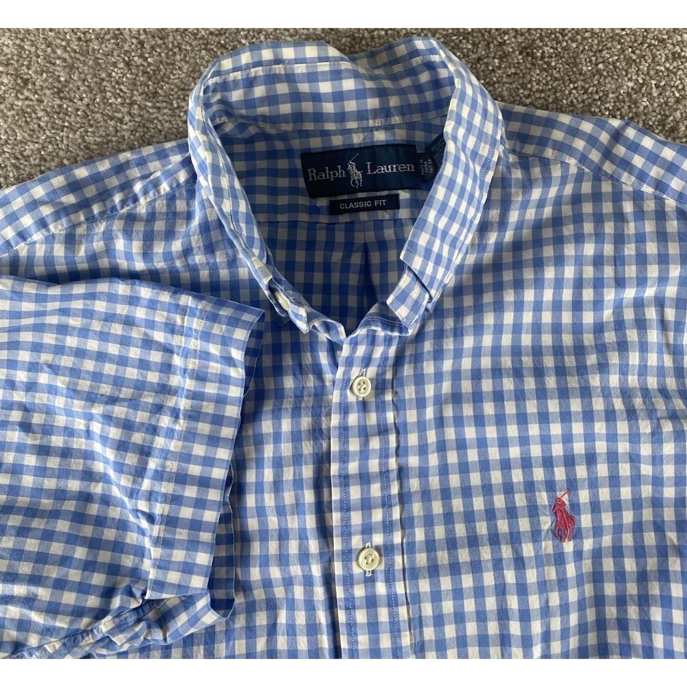 Polo Ralph Lauren Blue/White Gingham Plaid Shirt Mens M Pink Pony Cotton Preppy